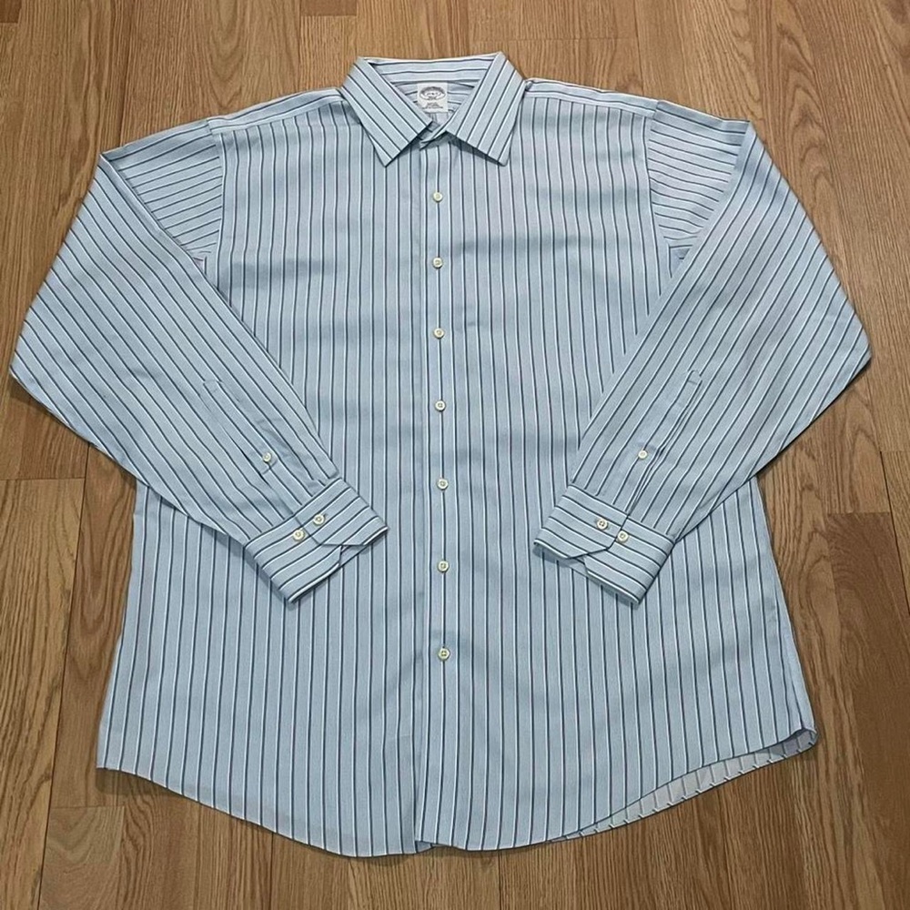Brooks Brothers Mens 17x6/7 Long Sleeve Button Down Shirt Blue Striped Slim Fit